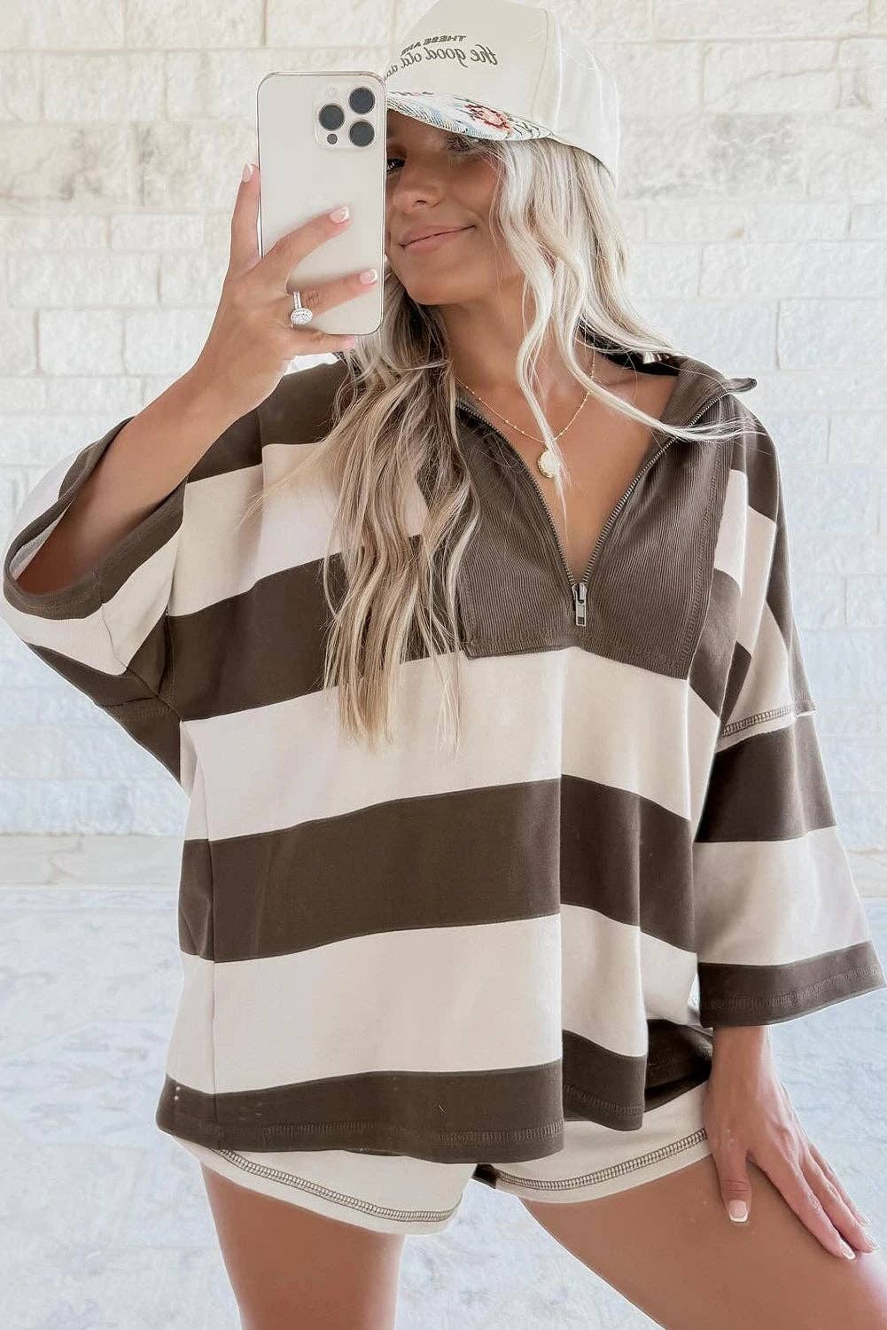 Brown Striped Color Block Zip Collar 3/4 Sleeve Oversize Sweatshirt for wholesale on Faire3