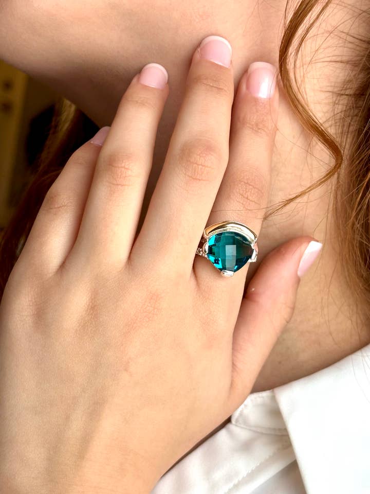 Bague Flamme Aigue-marine – Argent Sterling 925 & Or 10K pour la vente par QURI