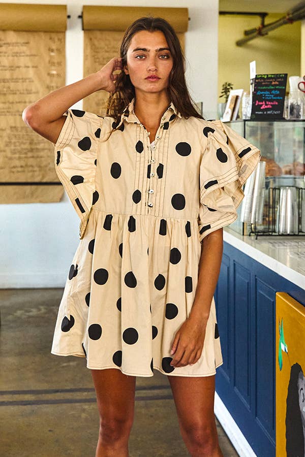 BUCKETLIST INC - Wholesale Dress - Women's - ID4283 Ruffle Sleeve Pintuck Detail Polka Dot Mini Dress6