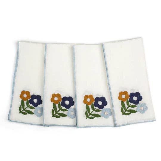 Serviettes en lin brodées florales en bleu foncé (lot de 4) pour la vente par Misette