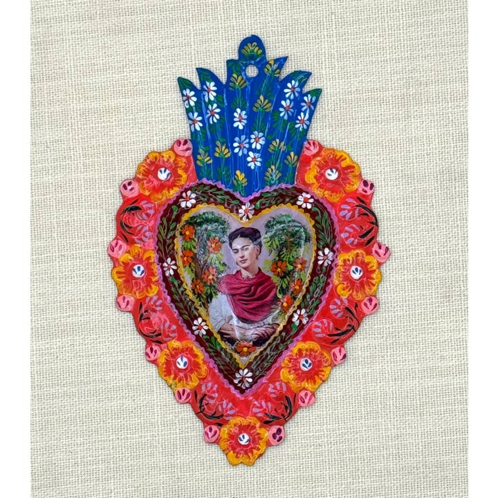 Tesoros Trading Company - Wholesale Ornament - Sm. Frida Painted Milagro Heart, Peru