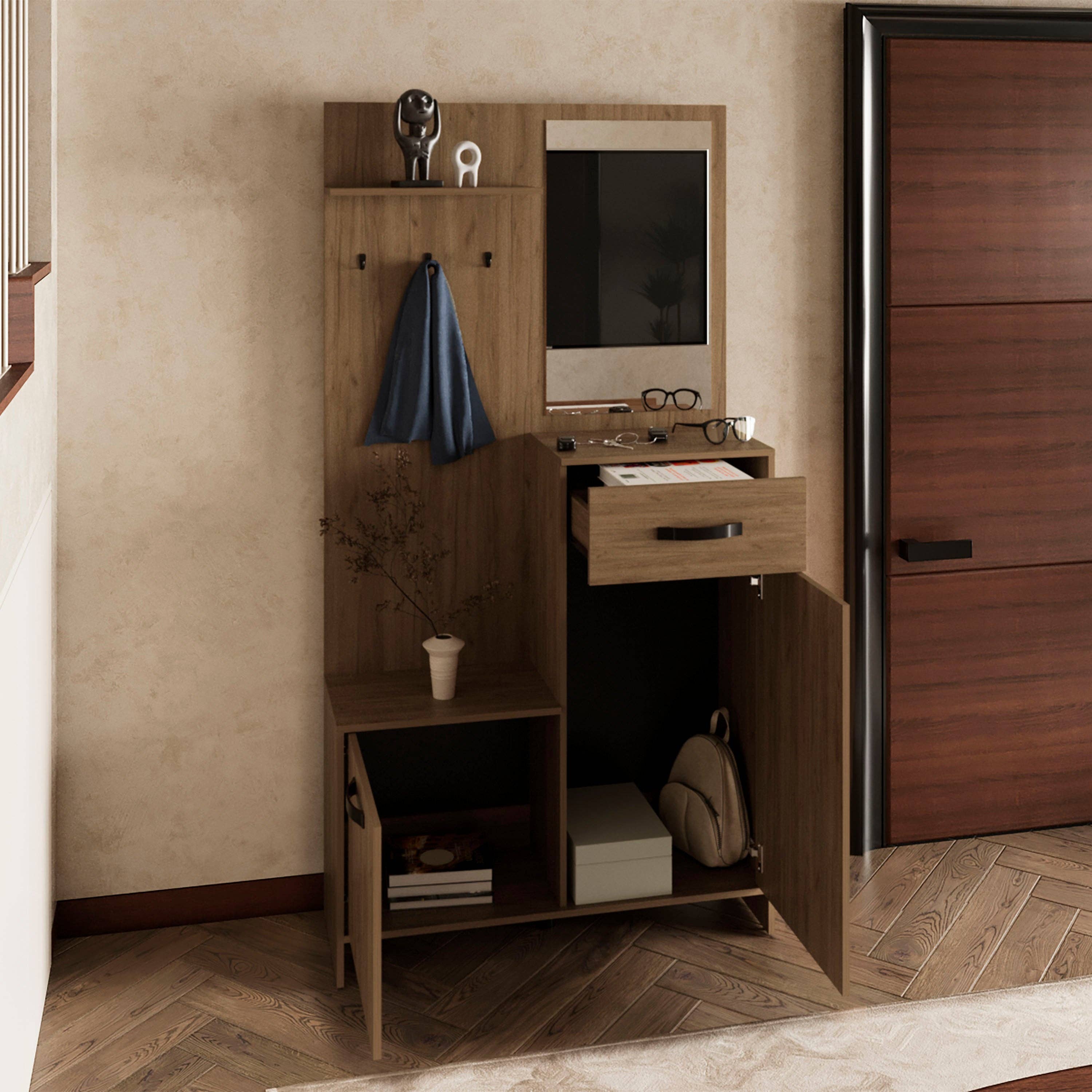 Natural Oak Parker Mirrored Tree Hall with Hangers, Three Shelves, Two Cabinets, One Drawer, Entry way, Console Table, Living Room 75" Tall for wholesale on Faire1