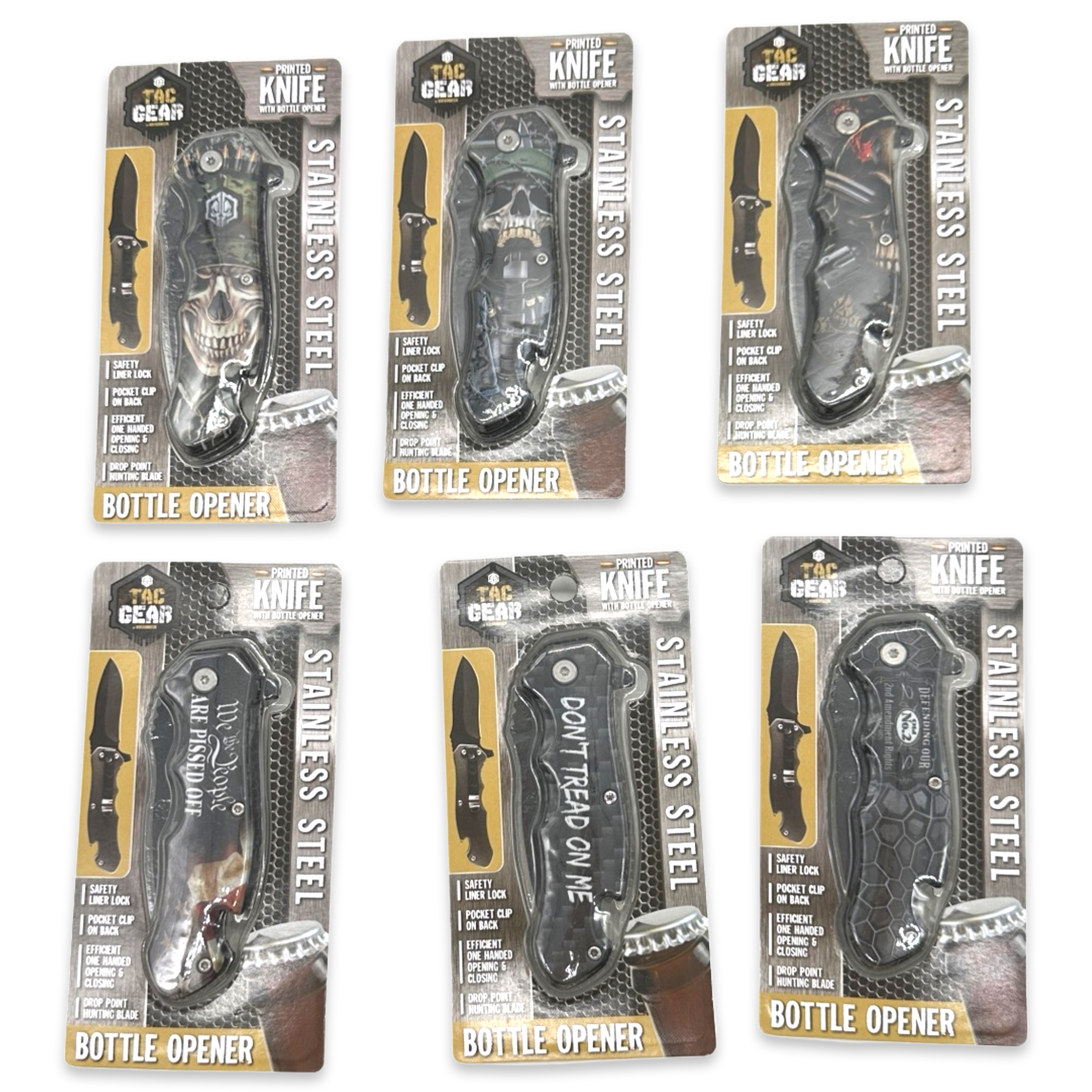Novelty Brands - Wholesale Pocket Knife/Holder - Tac Gear Bottle Opener Printed Knife Assortment - 6/Display3