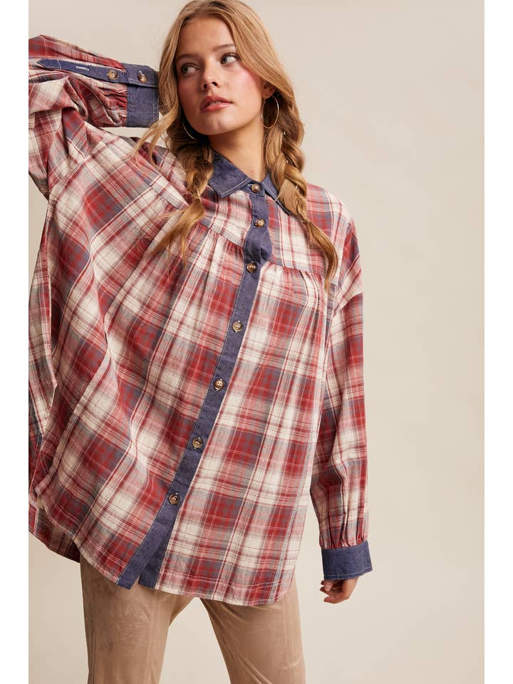 Listicle - Wholesale Button Down Shirt - Women's - Mixed Plaid Oversized Button-Down Shirt LJ020521