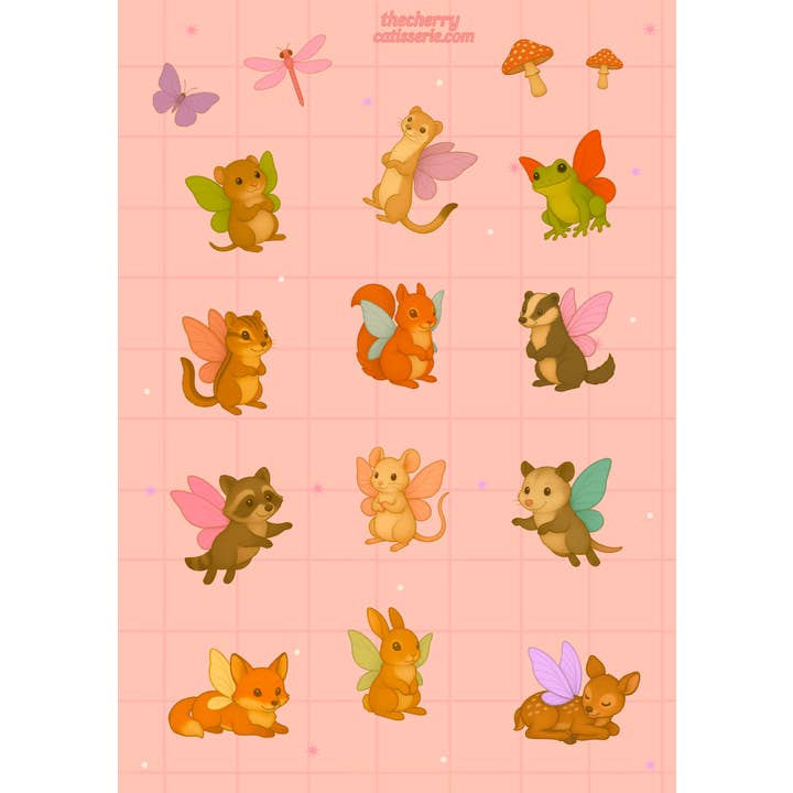 Fairy forest friends sticker sheet A6  for wholesale by The Cherry Catisserie