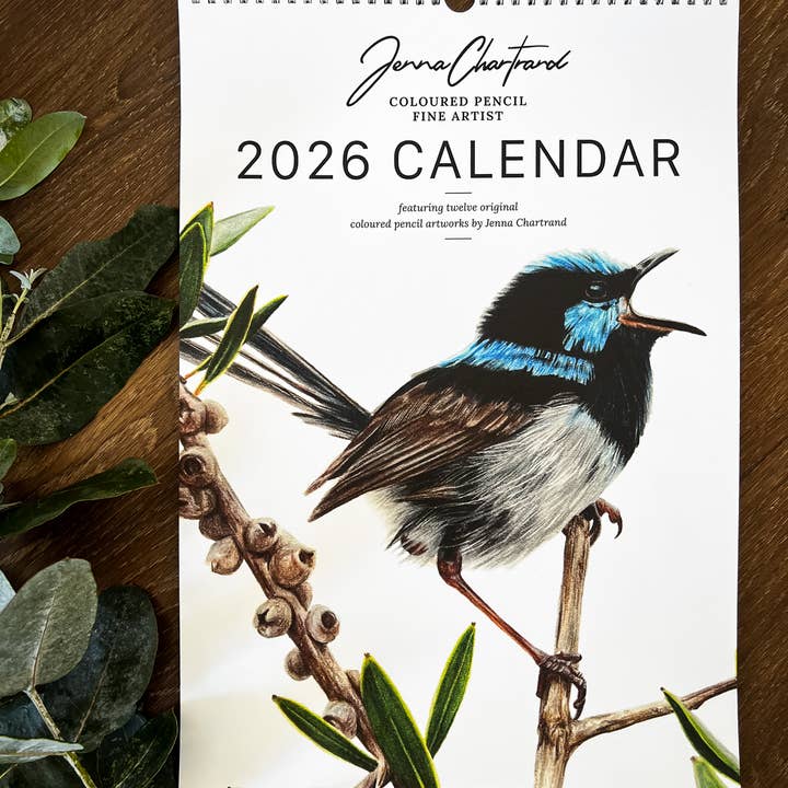 2026 Backyard Bird Calendar for wholesale by Jenna Chartrand Coloured Pencil Fine Artist