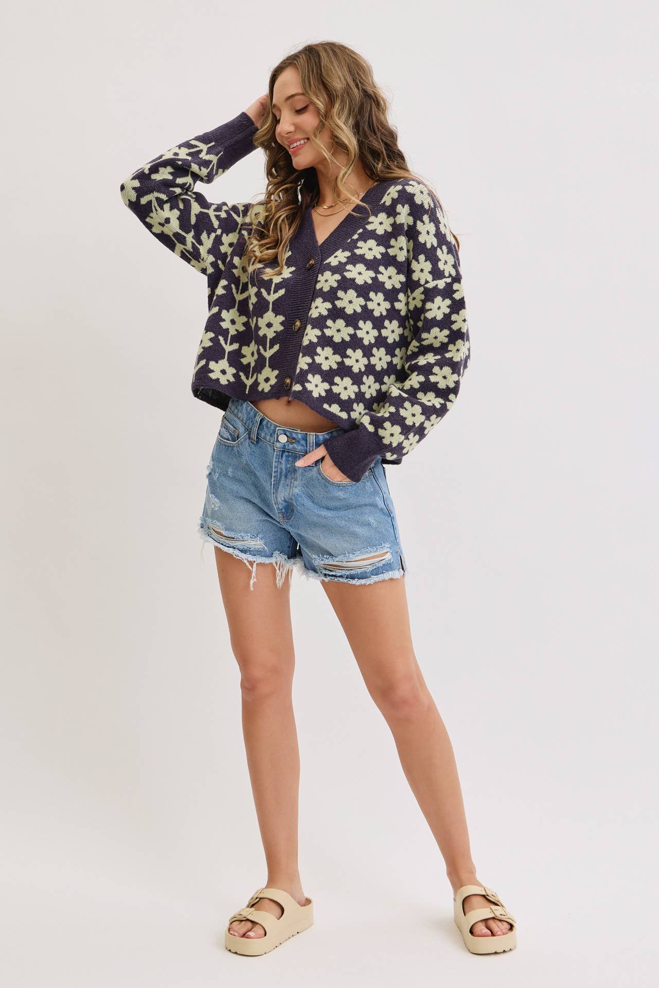 NAVY COZY PLAYFUL CASUAL FLORAL PRINT SWEATER KNIT CARDIGAN for wholesale on Faire14