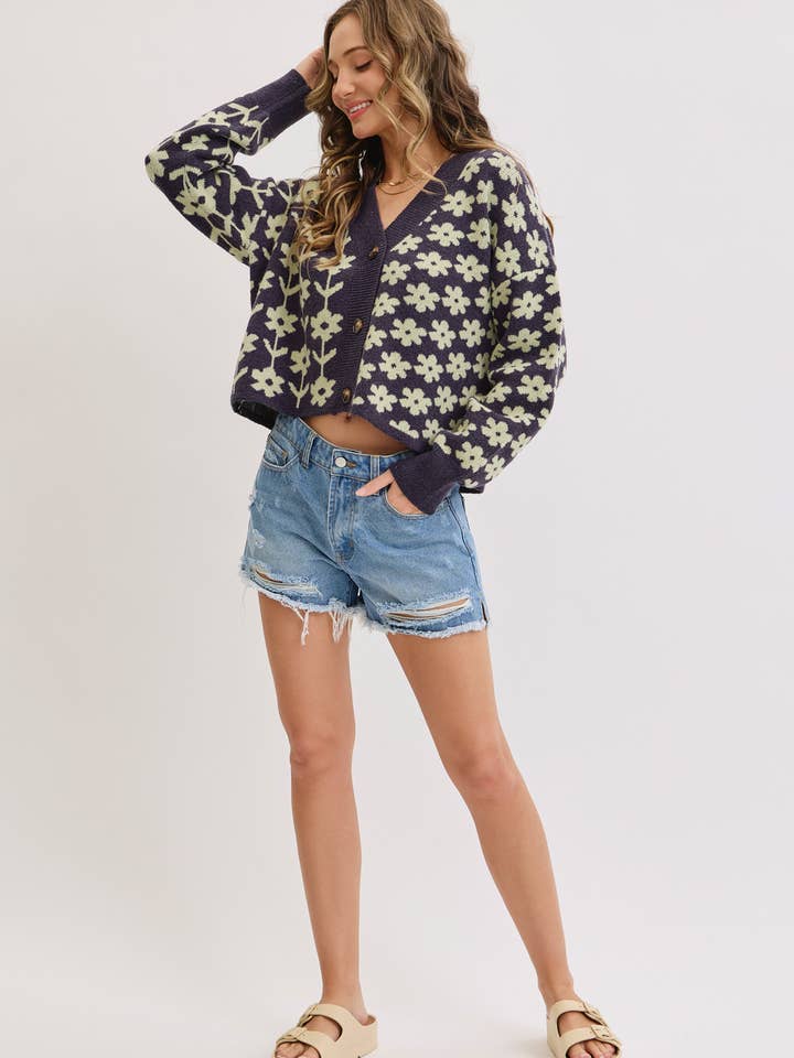 NAVY COZY PLAYFUL CASUAL FLORAL PRINT SWEATER KNIT CARDIGAN for wholesale on Faire14
