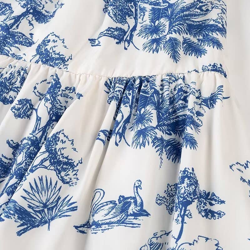 Blue Floral Toile print strappy dress w open back bow tie for wholesale on Faire5