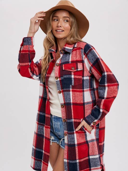 CHAQUETA LARGA DE FRANELA A CUADROS para venta al por mayor de Pink Irene Wholesale