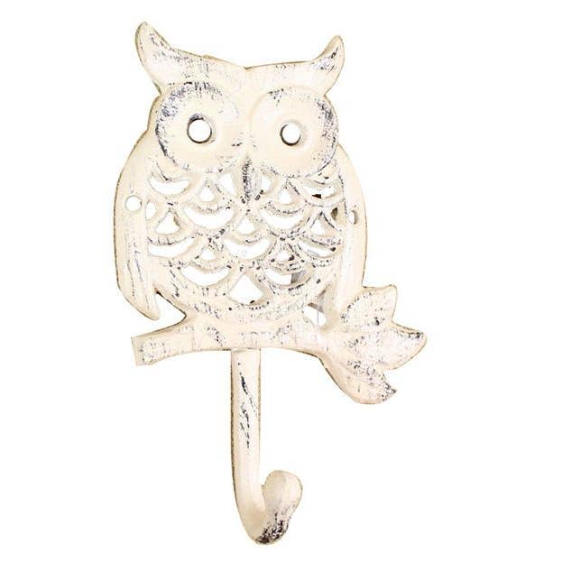 Whitewashed Cast Iron Owl Hook 6" for wholesale by Hampton Ironworks