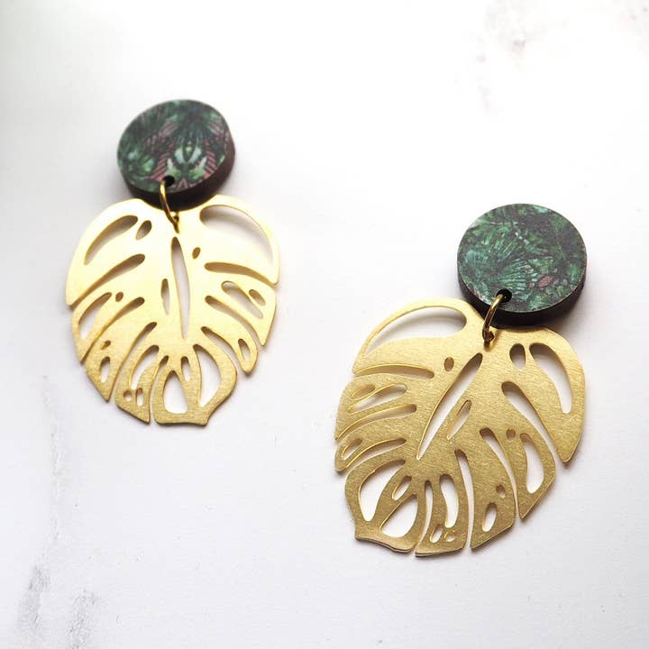Monstera Leaf Drop Earrings - Gold & Silver for wholesale by MicaPeet