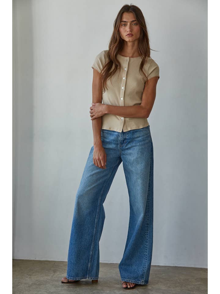 Beige RJ3493 | Knit Ribbed Buttondown Short Sleeve Cardigan Top for wholesale on Faire1