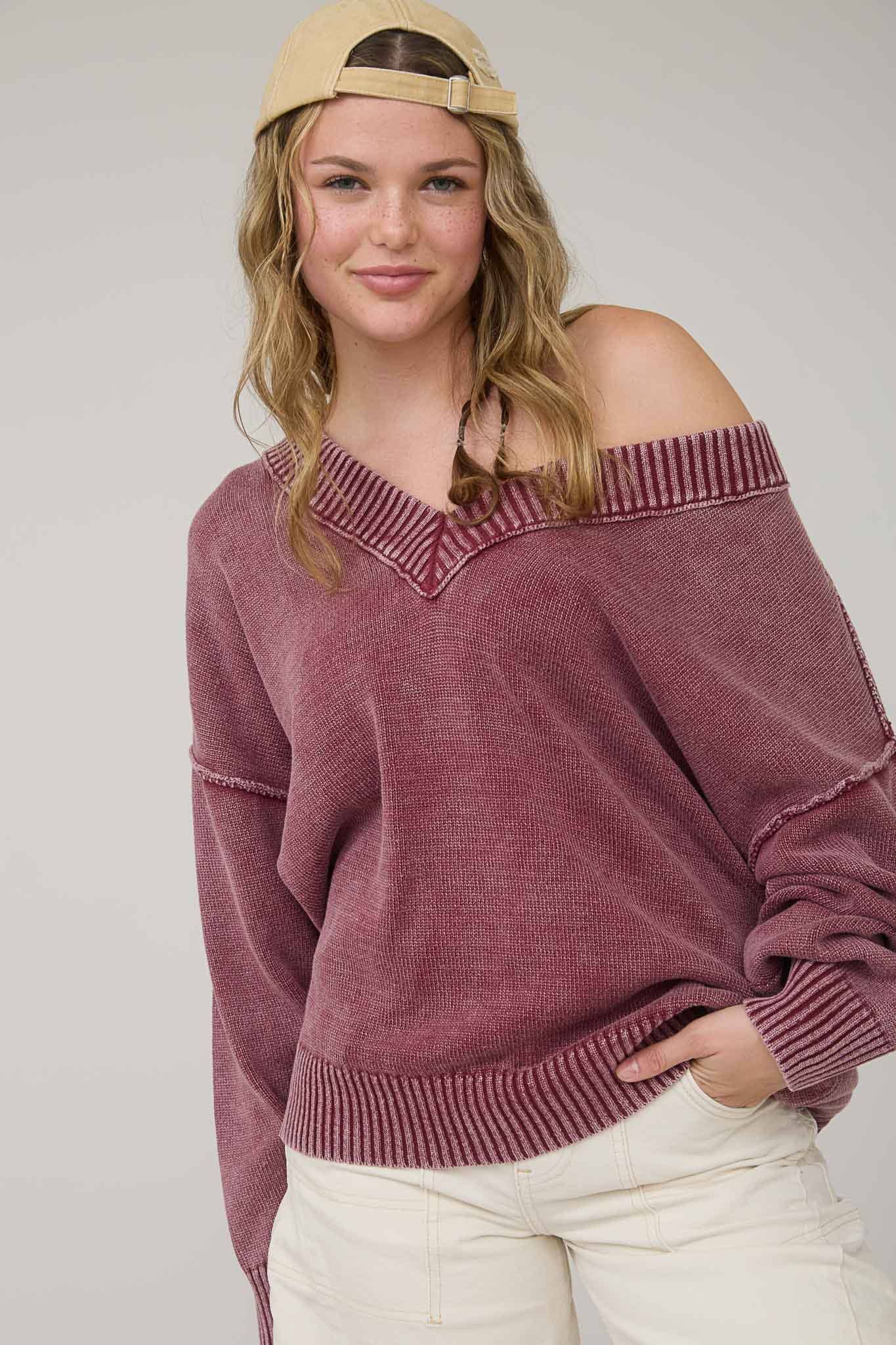 Blu Pepper - Vente Pull en maille – femme - PULL EN TRICOT SURDIMENSIONNÉ À MANCHES LONGUES ET COL EN V DÉLAVÉ15