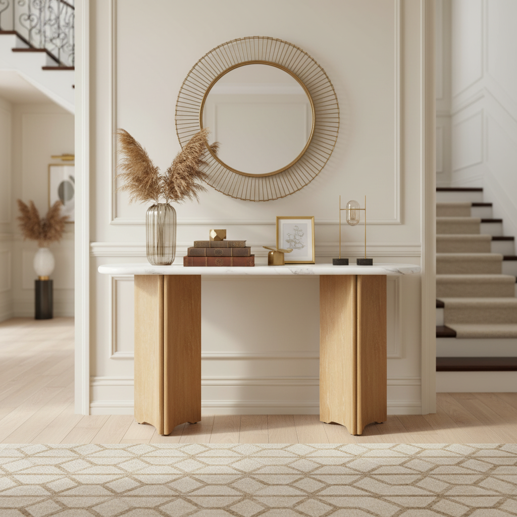 HOMYCASA DESIGN INC - Wholesale Console Table - Narrow Console Table Oval Faux Marble Top Natural+White1