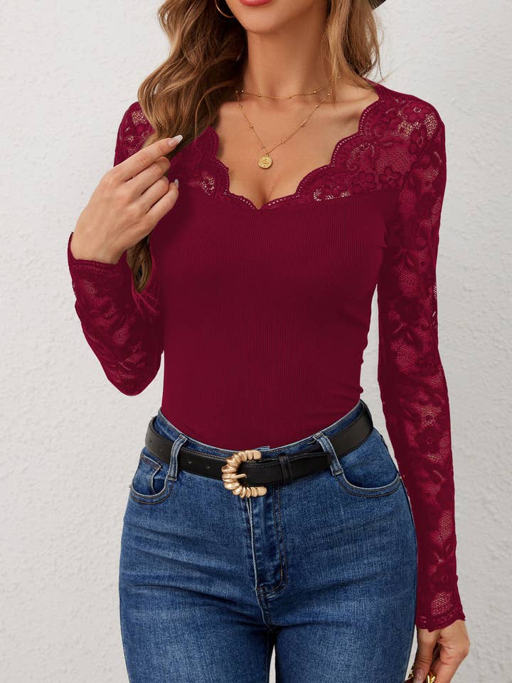 Lily Clothing - Wholesale Blouse - Women's - V-neck lace long-sleeved solid color slim T-shirt9