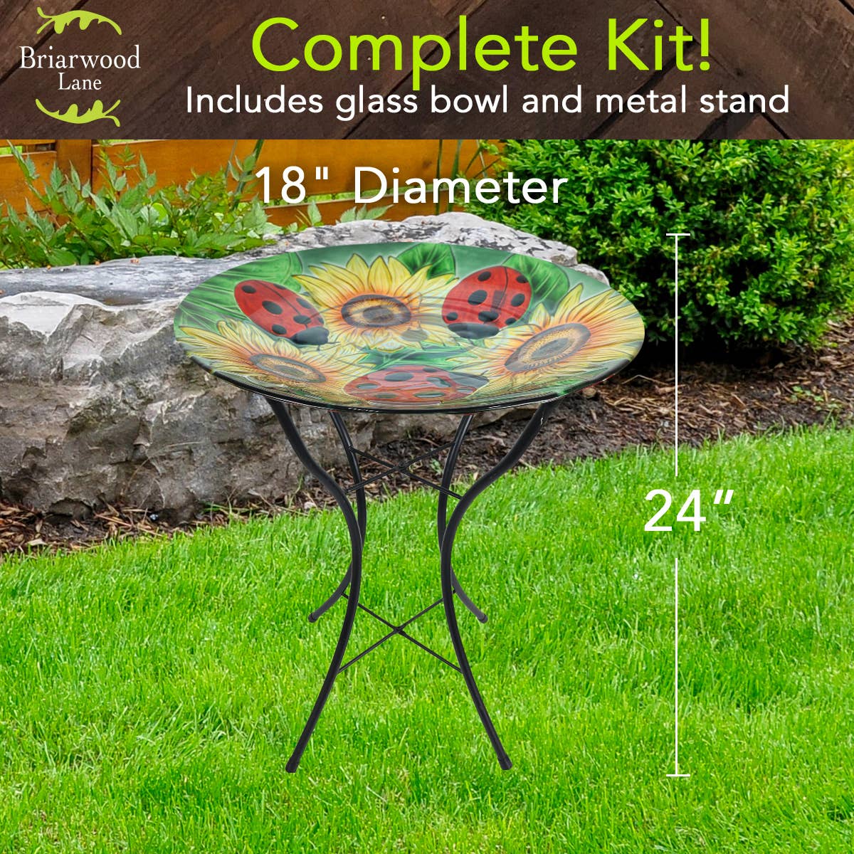 Briarwood Lane - Wholesale Bird Bath - Ladybugs and Sunflowers Glass Birdbath2
