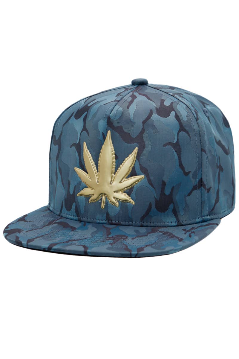 Cap Zone - Wholesale Flat Brim Cap - Men's - Gold Marijuana Leaf Embossed Camo Polyester Fabric Snapback9