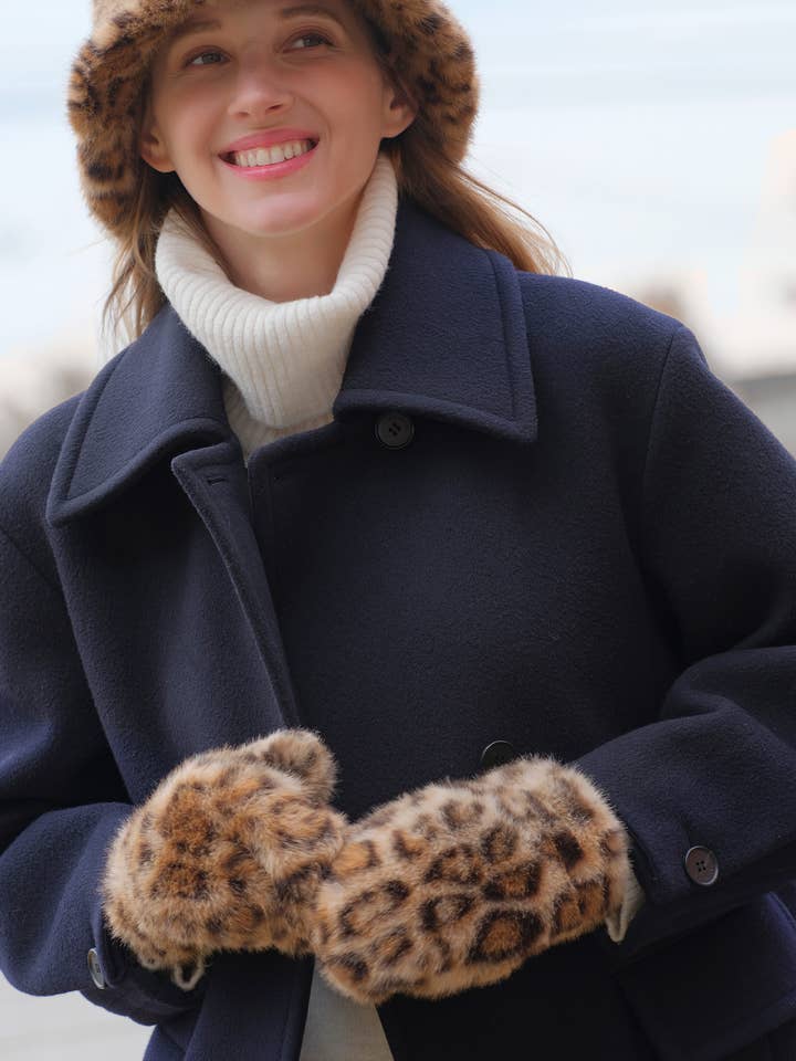C.C Leopard Pattern Fur Convertible Mitten Gloves for wholesale by Hana