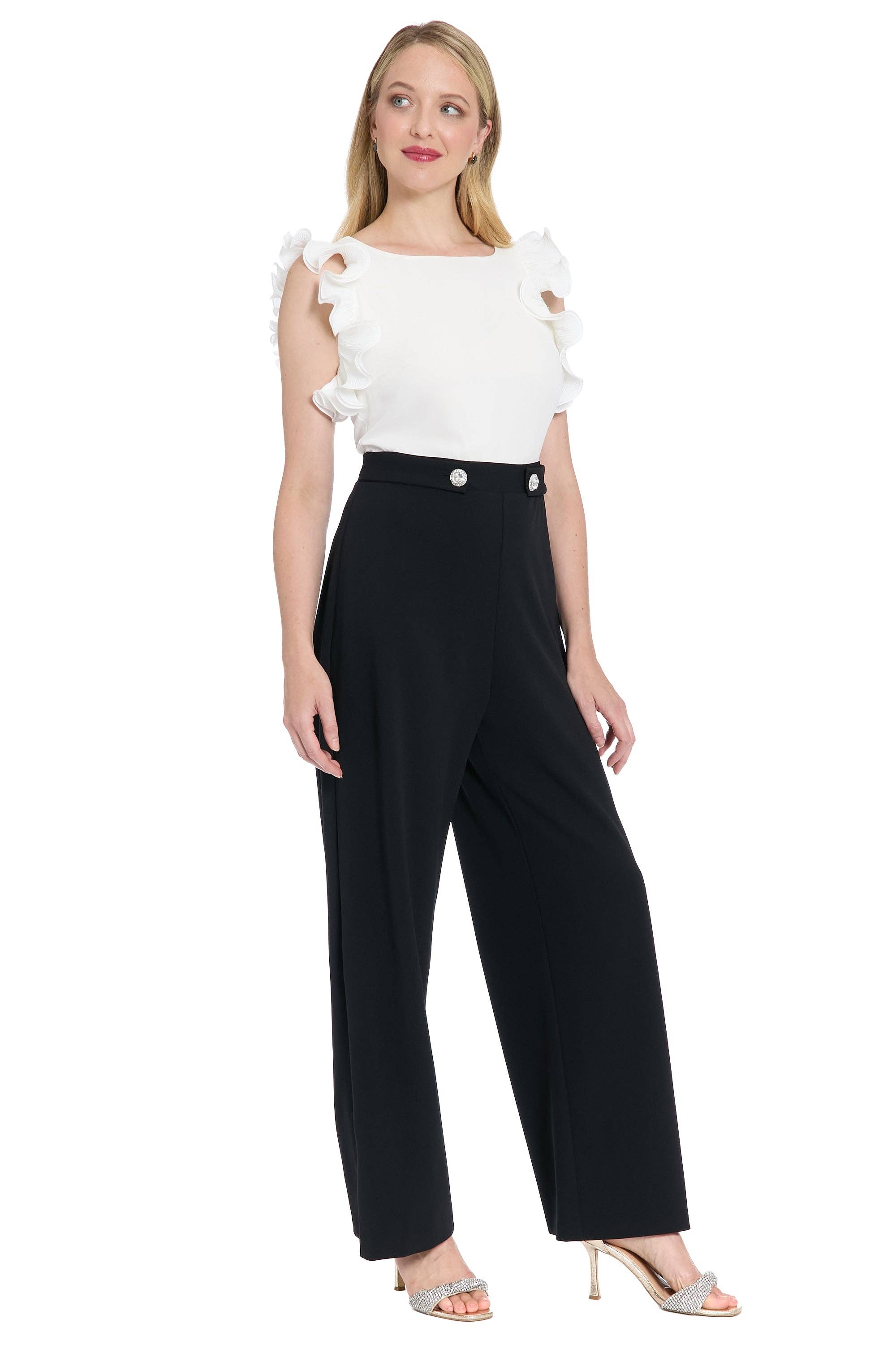 Maggy London Group - Wholesale Jumpsuit - Women's - PLEATED RUFFLE SLV MIXED MEDIA JUMPSUIT WITH BUTTON TABS5