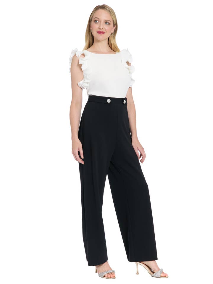 Maggy London Group - Wholesale Jumpsuit - Women's - PLEATED RUFFLE SLV MIXED MEDIA JUMPSUIT WITH BUTTON TABS5