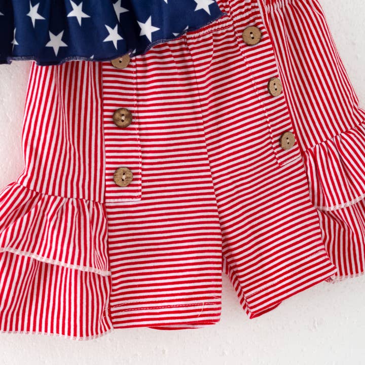 Auraquise - Wholesale Top & Short Set - Kids - Girls Summer July 4th Navy Red Star Ruffled Short Set