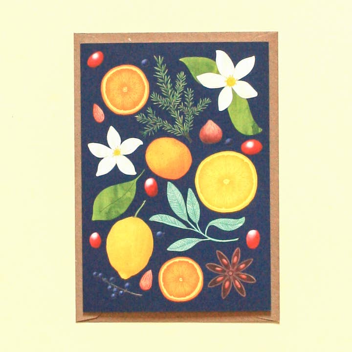 Cathryn Worrell Art and Illustration – wholesale Everyday greeting card – Oranges and Lemons card (blue)0