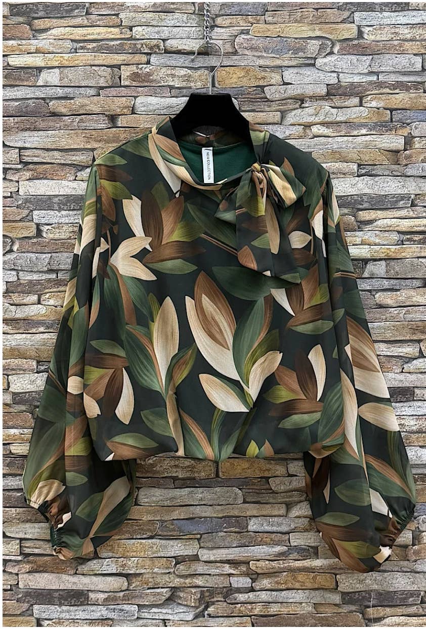LOOWIE - Wholesale Blouse – Women’s - ELBLGRE Italian Green Botanical Chiffon Blouse with Tie Neck