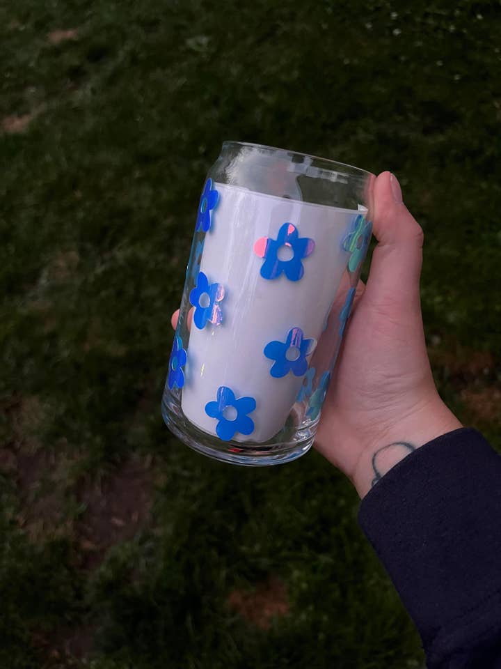 Holografisch blauw gebloemd Libbey blikje voor wholesale door The Crazy Craft Girl LLC