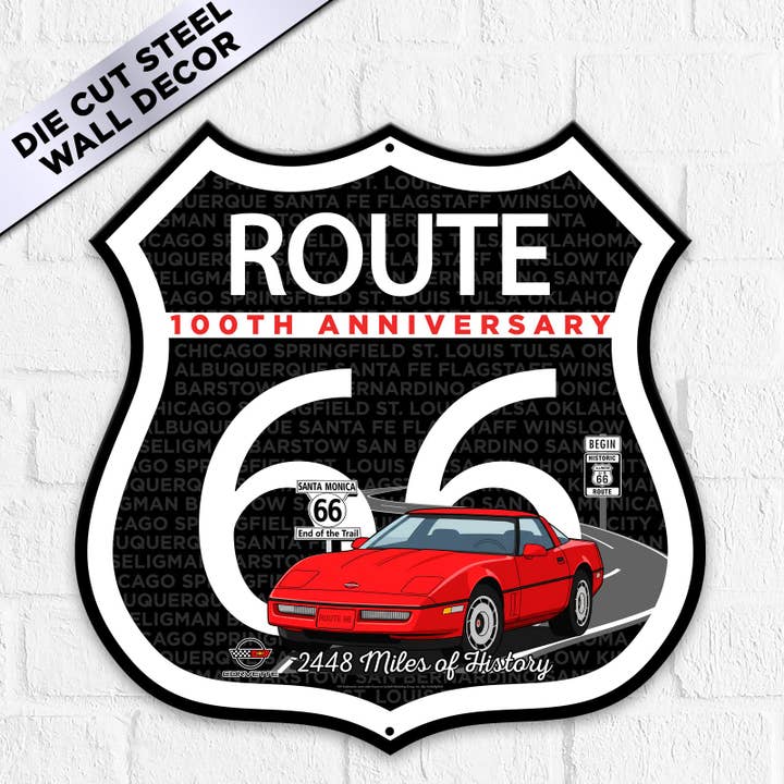 C4 Corvette Route 66 100-års jubilæum udskåret skjold – Rød Cabriolet Edition - Fås i 2 størrelser for engroshandel hos Sunbeltgifts | Licensed Home Wall Decor