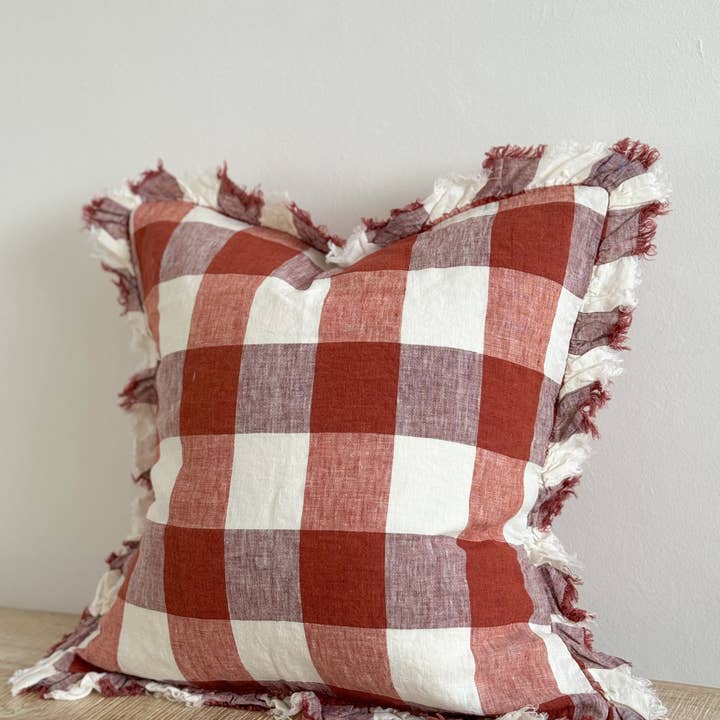 Ellenvale Trade - Wholesale Throw Pillow Cover - Hallie Red Check Cushion Cover – Ruffled edge linen