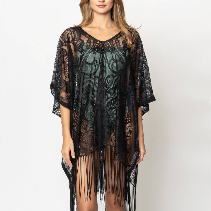 Fashion City - Wholesale Strandvestje/Strandjurk/Strandtuniek - Dames - Kantponcho met franje2