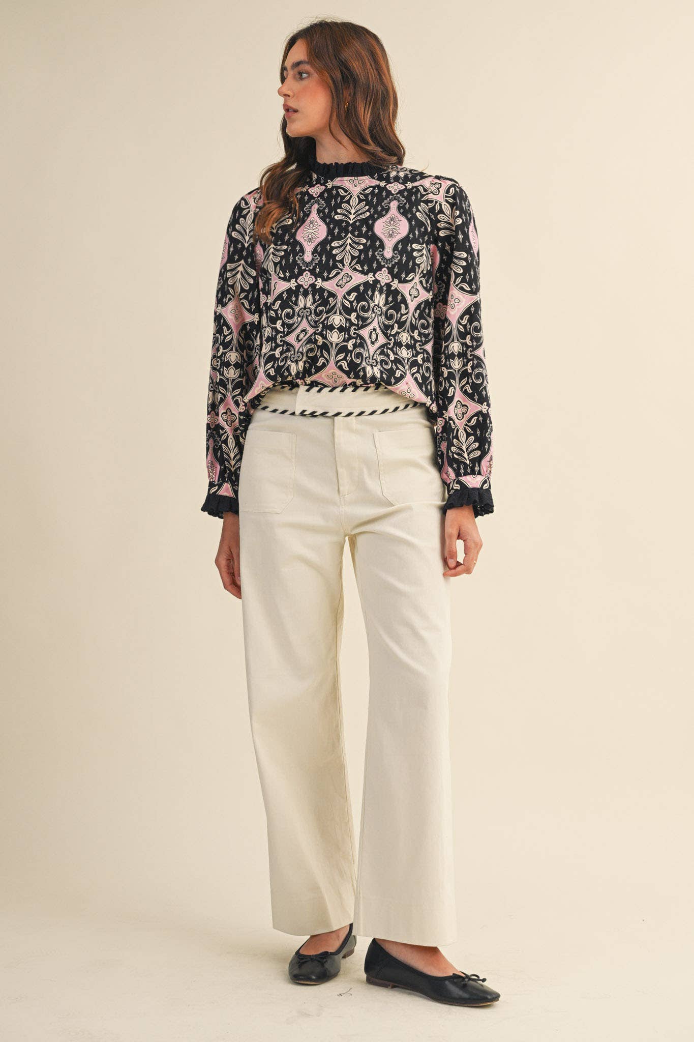 &MERCI - Wholesale Pants - Women's - HIGH WAIST WIDE LEG PANTS WITH WHIP STITCH TRIM MP421813