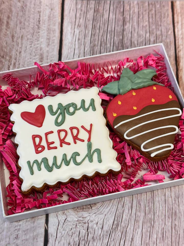 Love You Berry Much Strawberry Dog Cookies Valentine Treat for wholesale by The FurFolk Bakehouse