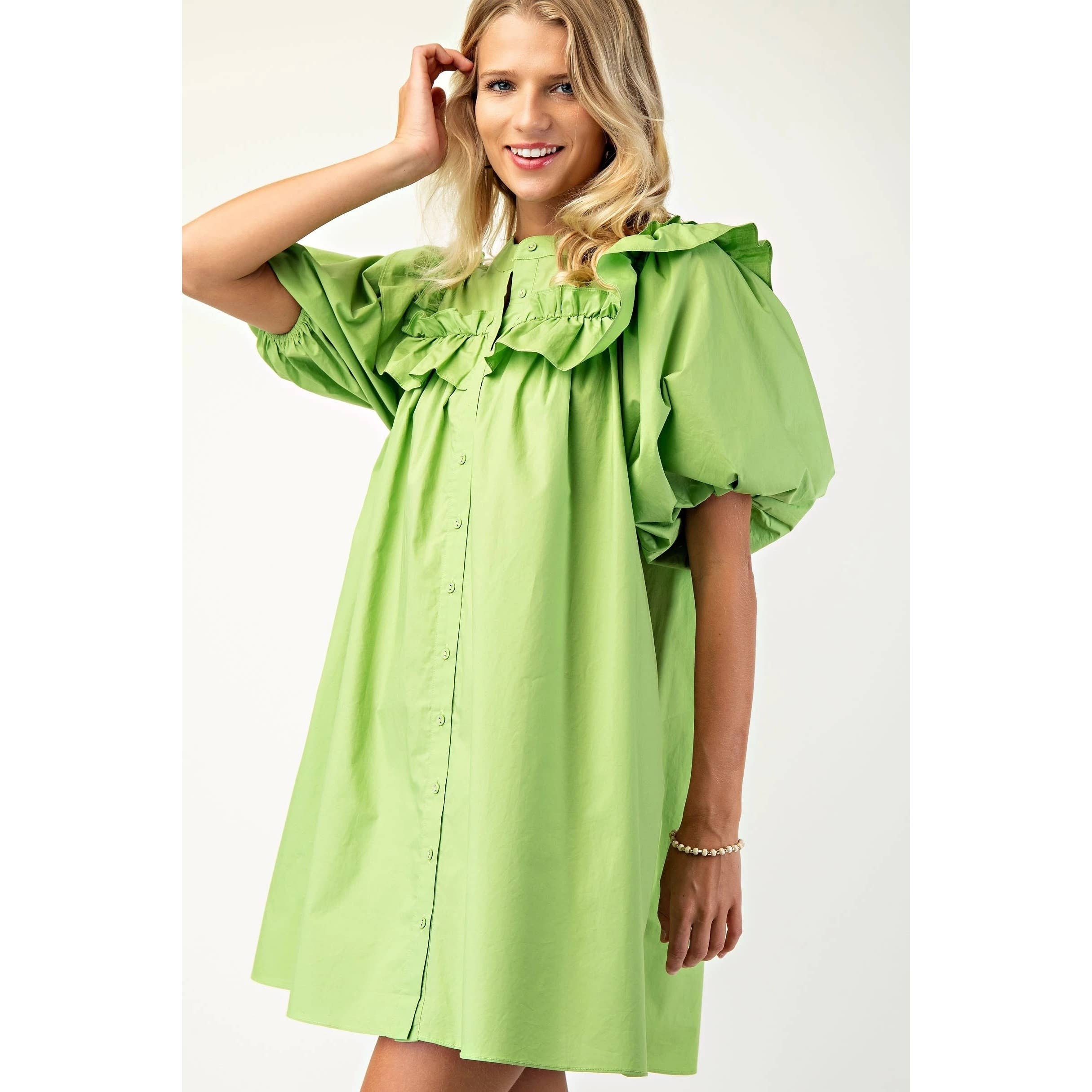 BNS - Wholesale Dress - Women's - Puff Sleeve Mini Dress w_Mandarin Collar n Ruffle0