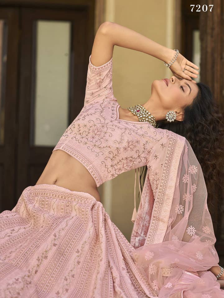 HATKE BRIDE – wholesale Top & skirt set – Women's – Baby Pink Satin Lehenga Choli for Marriage - Sequence & Thread Embroidery Work, Zari Work3