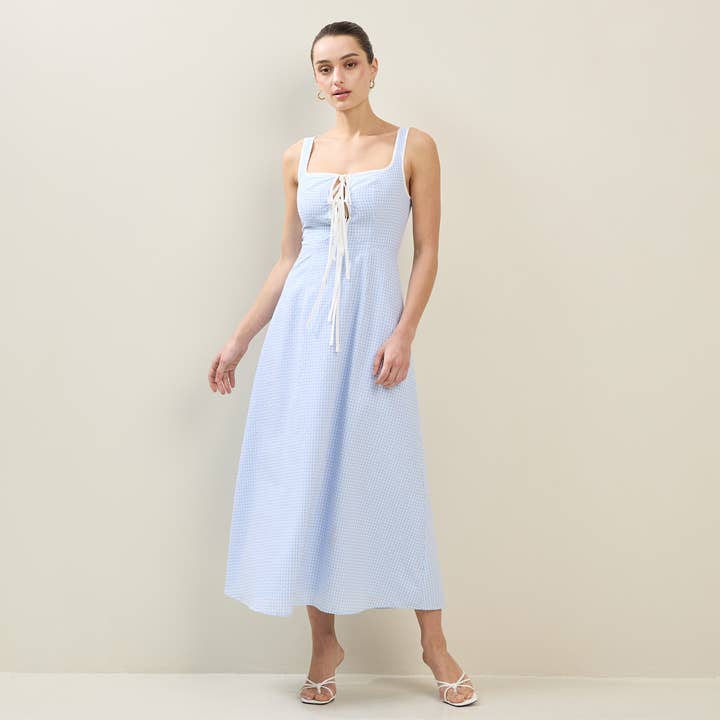 Sky White Tie Front Gingham Dress for wholesale on Faire1