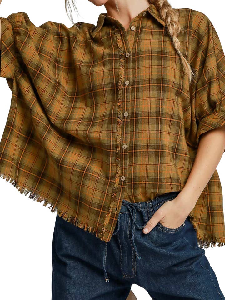 Plaid Collared Button Down Top for wholesale by Vanilla Monkey