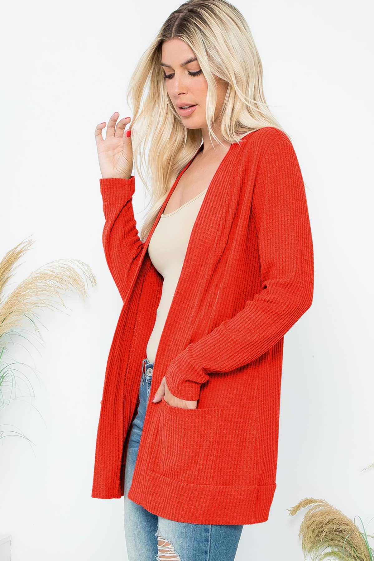 You & Me – Großhandel Strickjacke – Damen – GEBÜRSTETER WAFFEL LANGARM SEITENTASCHEN OFFENE FRONT STRICKJACKE21