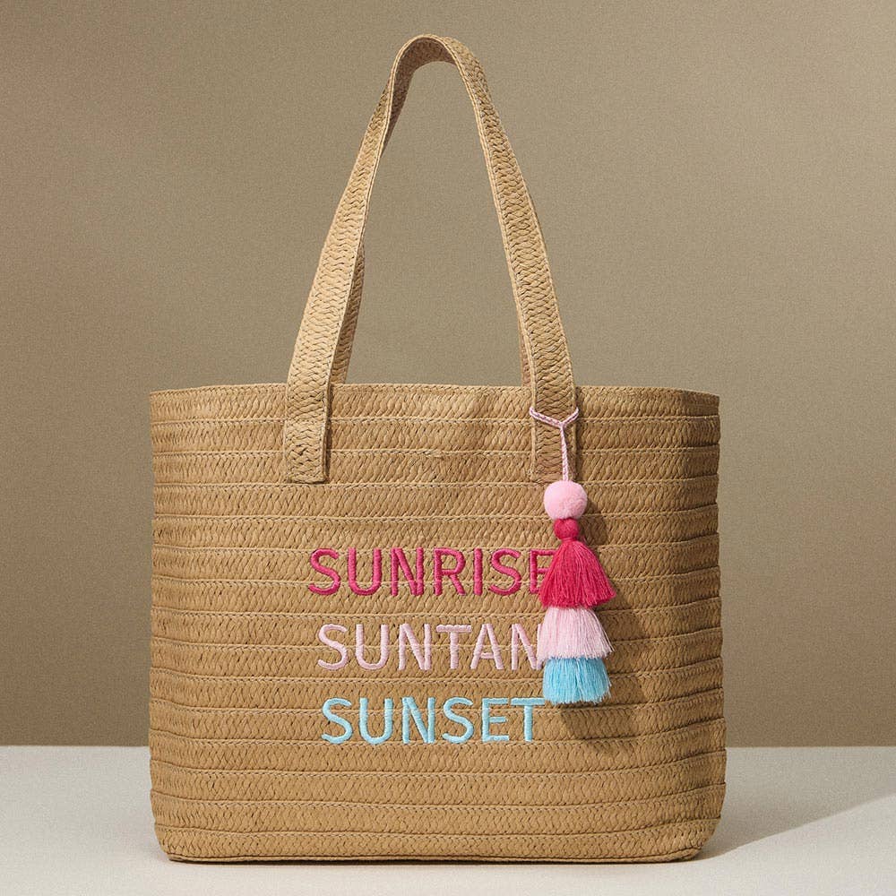 Sensibling Corp. - Wholesale Tote Bag - Women's - Raffia SUNRISE SUNTAN SUNSET Message Embroidered Summer Tote1