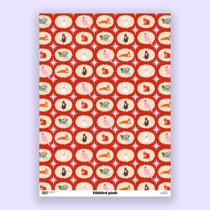 Tikkled Pink - Wholesale Flat Wrap - Christmas Cats Wrapping Paper Sheets | Holiday Cat Gift Wrap