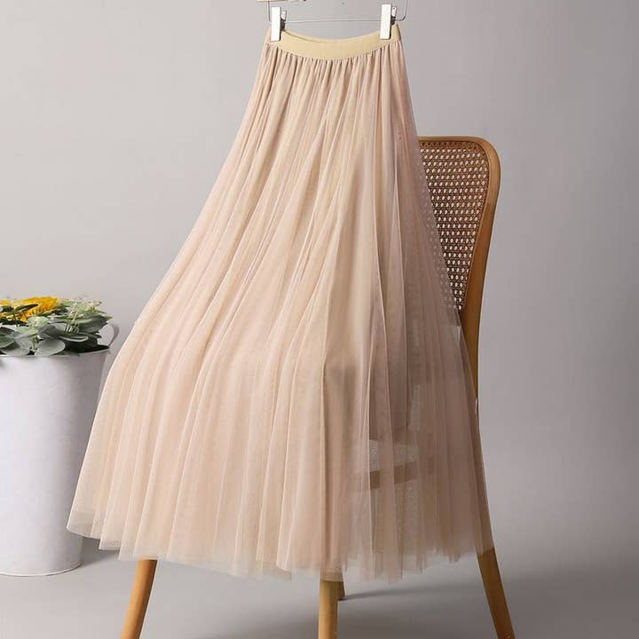 ACCITY - Wholesale Skirt - Women's - SOLID COLOR ELASTIC-WAIST MESH TULLE A-LINE SKIRT_CWBLS037216