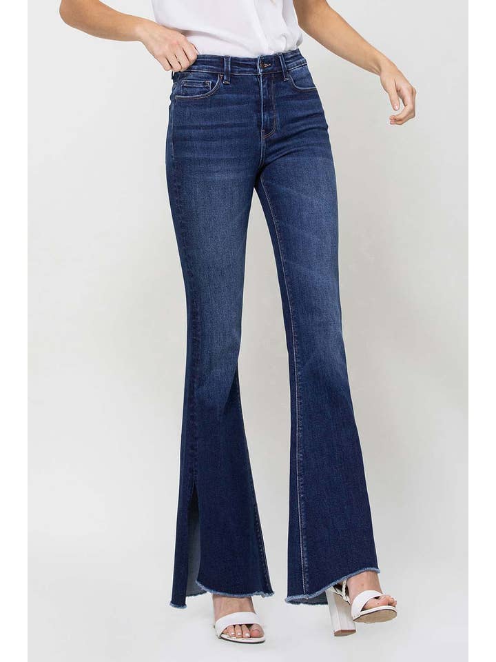 ROLLING IN THE BLUES HIGH RISE SLIT RAW HEM FLARE JEANS F4384 for wholesale on Faire
