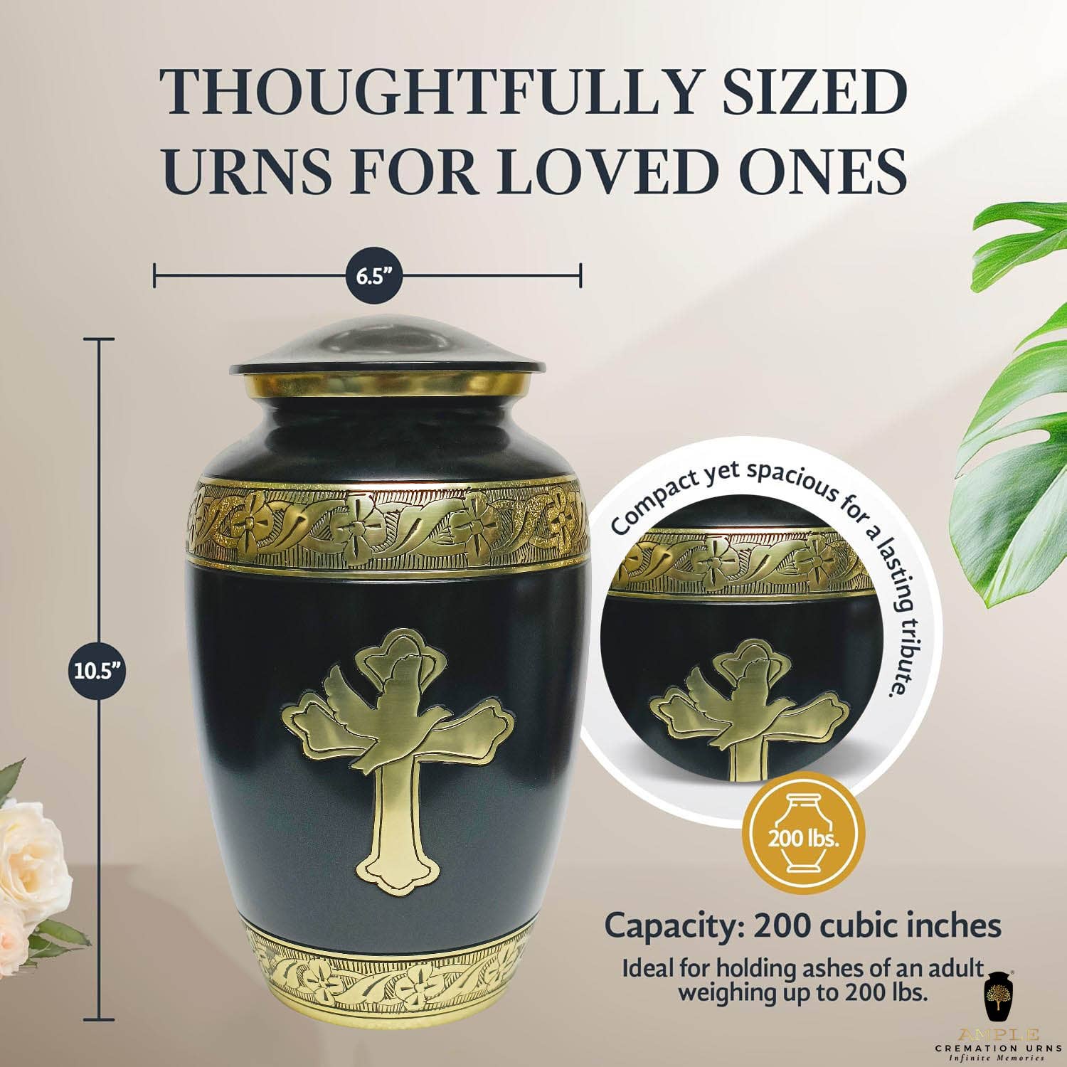 Ample Cremation Urns - Wholesale Urn - Black & Gold Cross Urn – Faith Dove Adult Ashes Memorial4