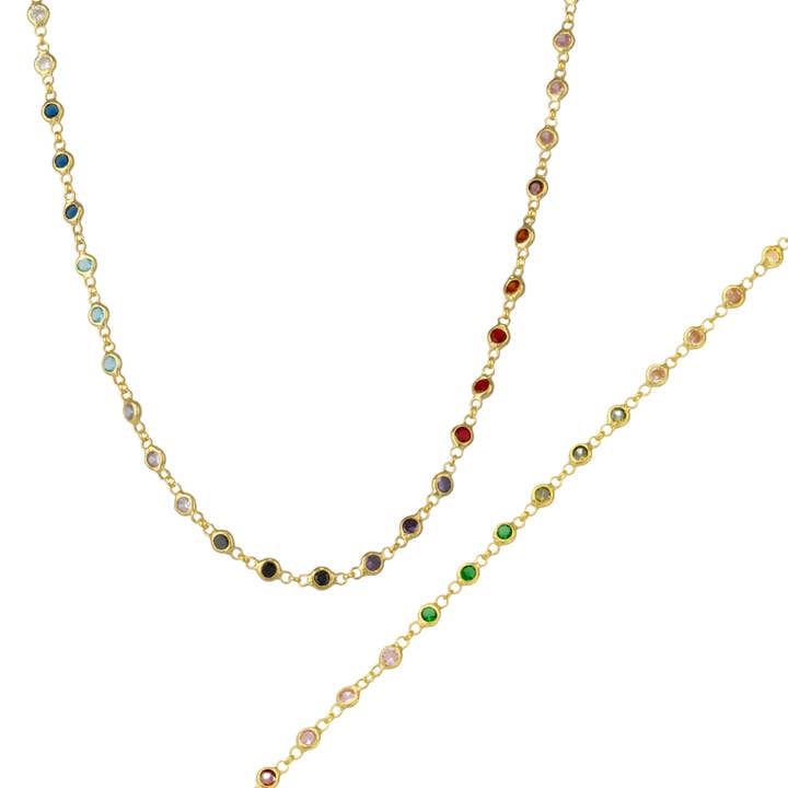 Colourful Rainbow Jewelled Sterling Silver Chain Necklace and Bracelet Set for wholesale by Spero London