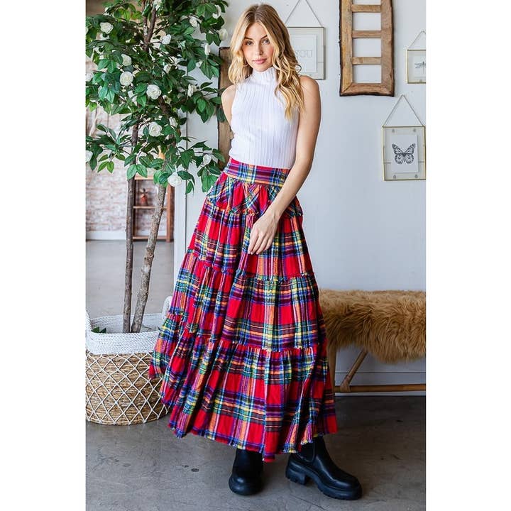 MAXI FALDA ESCALONADA A CUADROS LAVADOS CON MINERALES para venta al por mayor de Oli&Hali