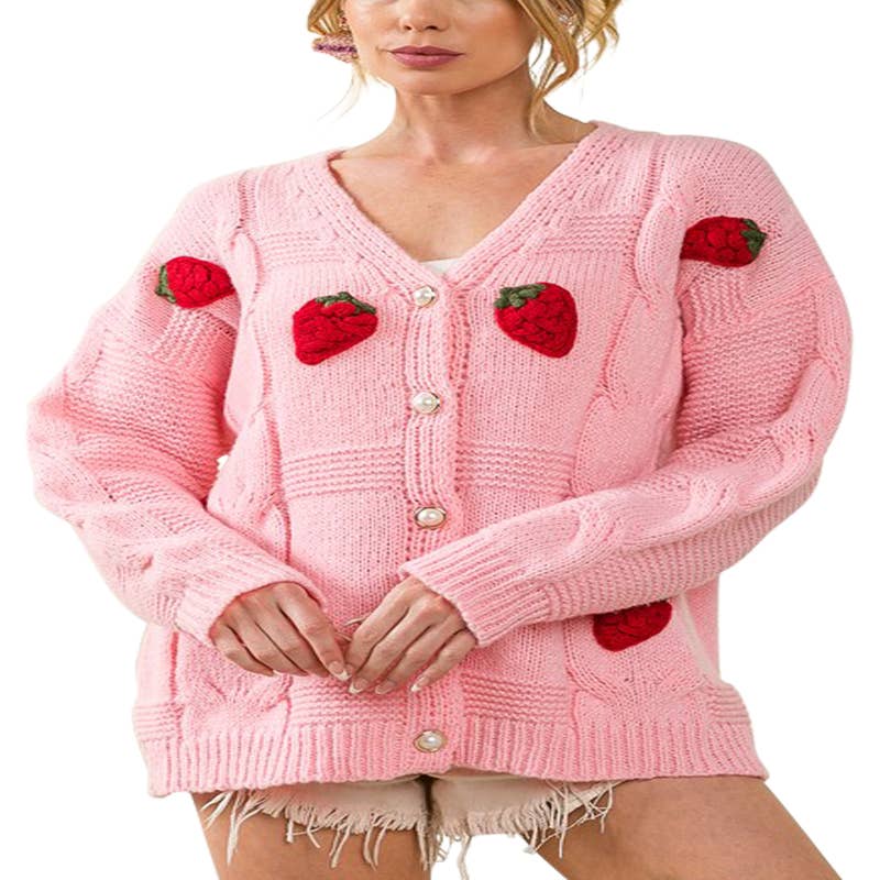 Strawberry Pink Cardigan With Buttons, Cozy Wool Crop Sweater
