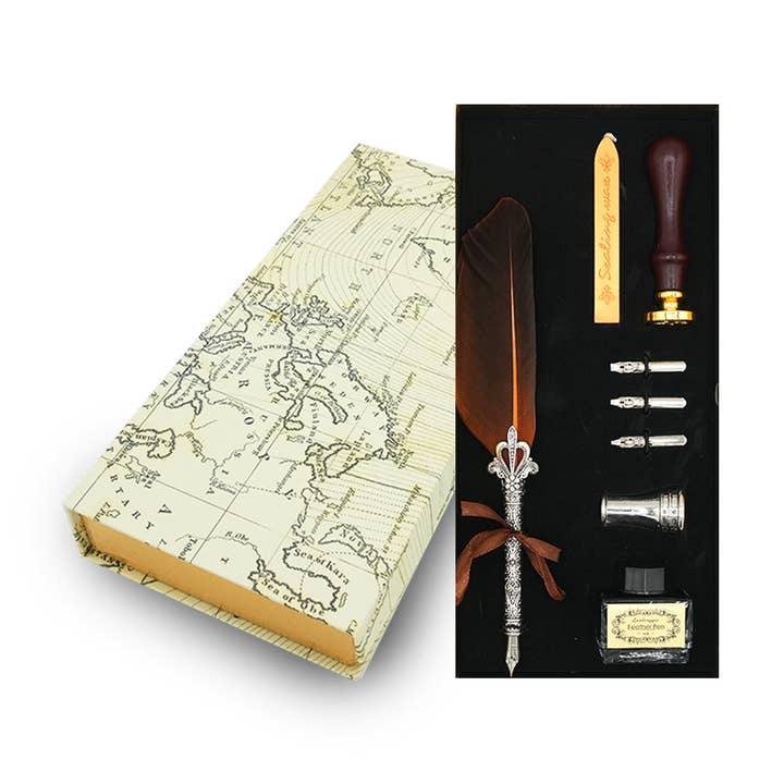 Quill Pen Map Magnetic Box Gift Set - Coffee Gold for wholesale by Mad Witch Ltd