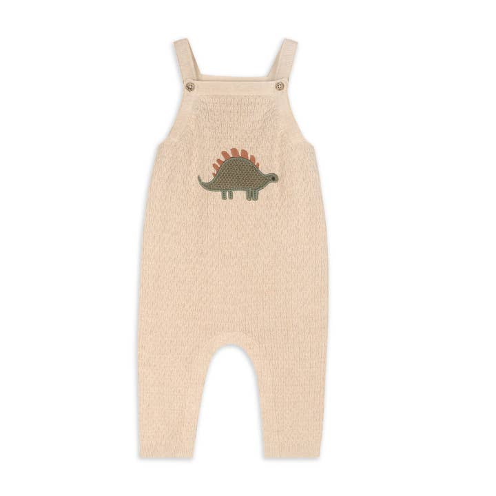 Oatmeal Heather Dino Embroidered Baby Knit Overall Set (Organic) for wholesale on Faire