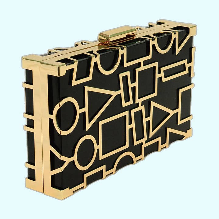 Betsy Dare - Wholesale Clutch bag – women's - Black/Gold Geometric Acrylic Clutch0